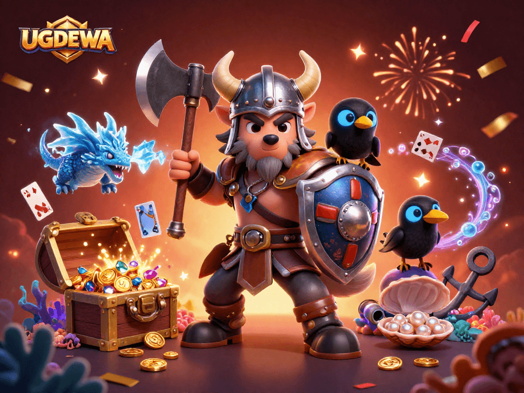 Engage with UGDEWA's thrilling adventure featuring a Viking wolf warrior, dragon, and vibrant casino elements.