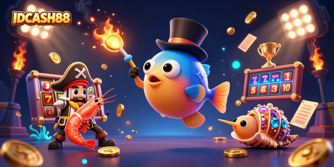 Play slots with excitement at IDCASH88 while the anglerfish lures golden coins in a vibrant casino scene.