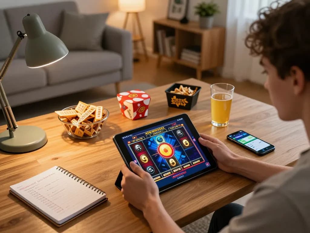 Engaging gameplay experience in online casino showcasing Black Scatter feature on a tablet in warm home environment