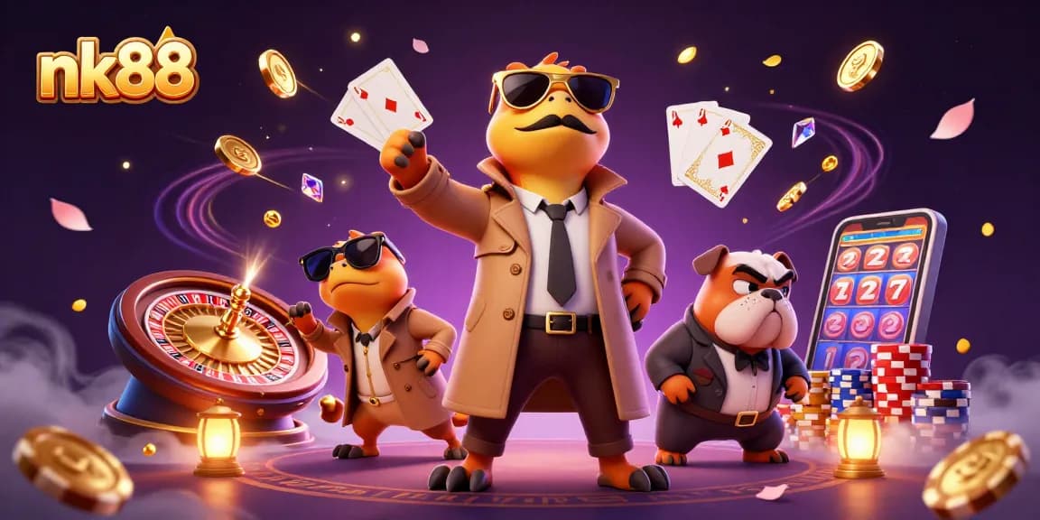 Experience the vibrant world of nk88 as cartoon raptors charm a casino with coins and gems.