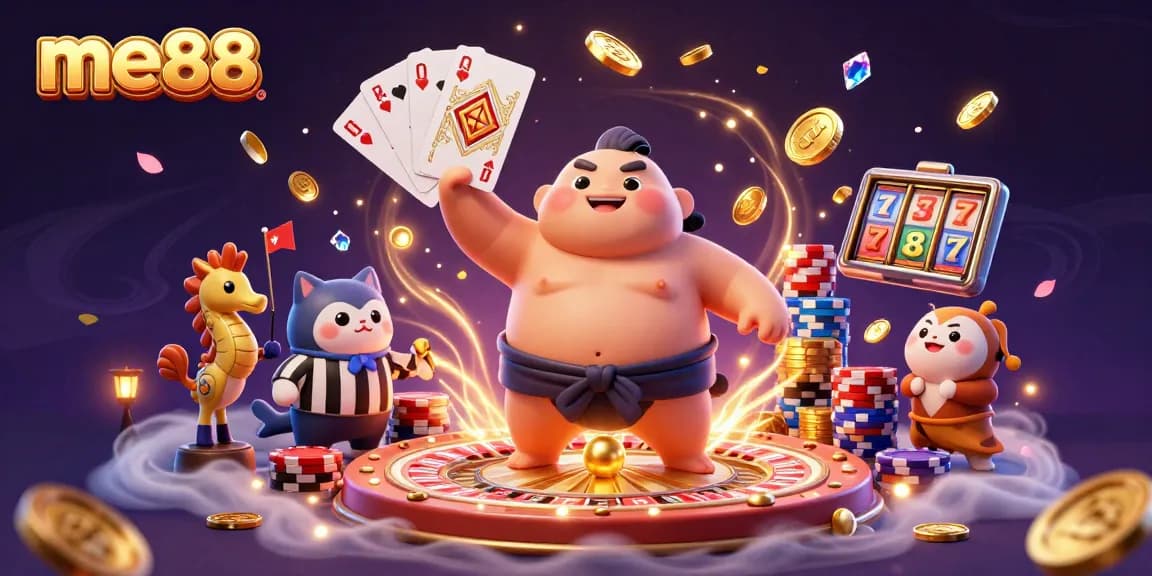Engage with me88's vibrant underwater casino scene showcasing a giant fugu as a sumo wrestler amidst joyous seahorse spectators.