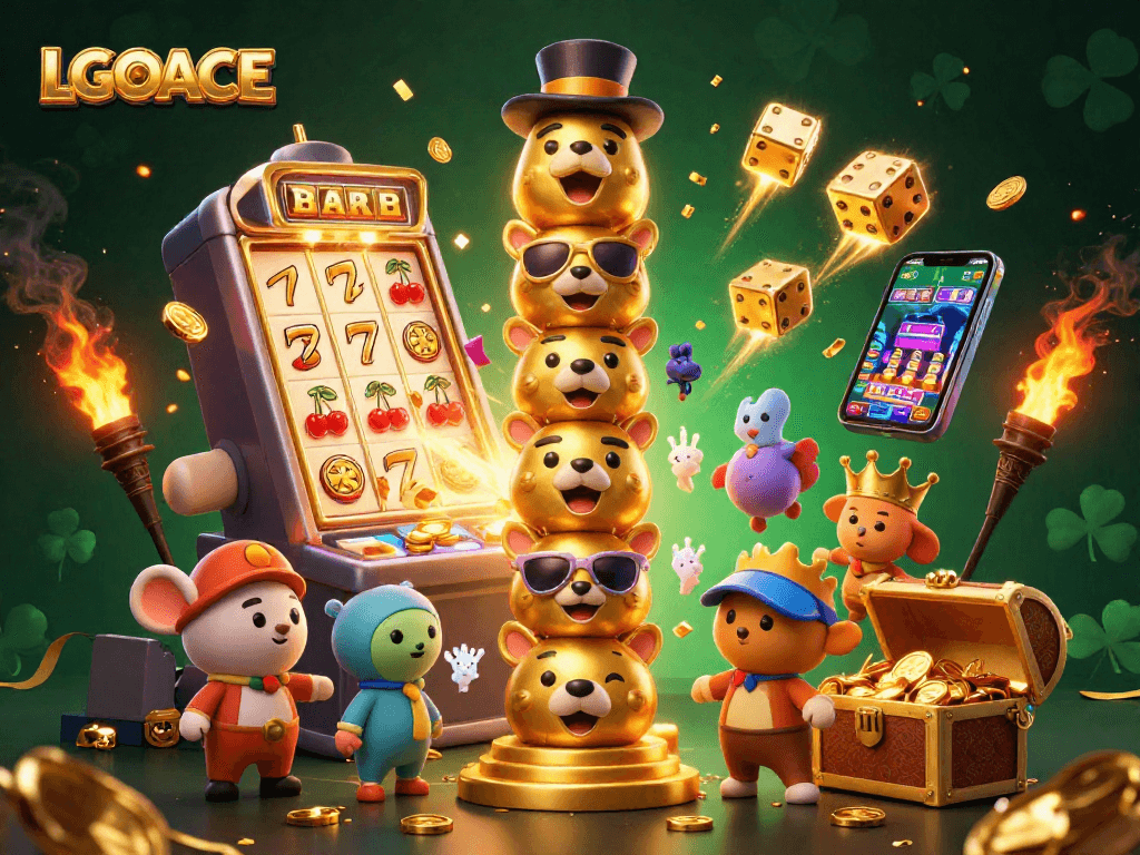 LGOACE showcases a vibrant casino atmosphere with a totem pole and dynamic slot action