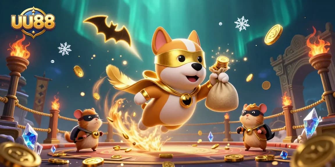 Experience thrilling action at uu88 with a superhero dog and hamster amidst casino excitement.