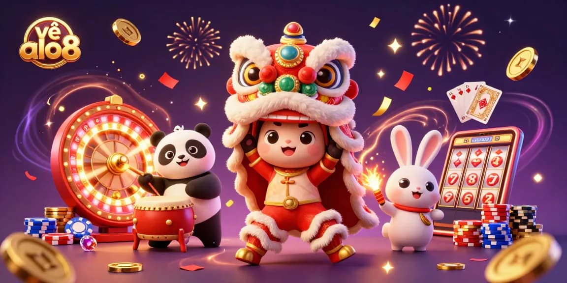 Engage in vibrant gaming luck with về alo8, featuring a lively lion dance and captivating casino elements.