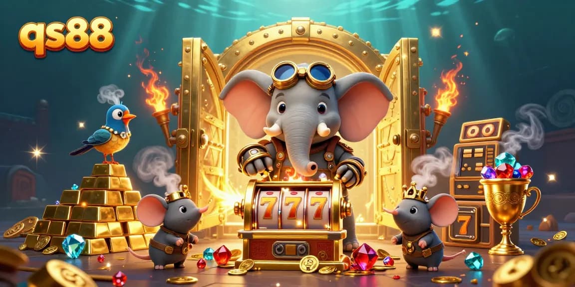 Spin the golden slot machine at qs88 while surrounded by treasures and vibrant casino elements.