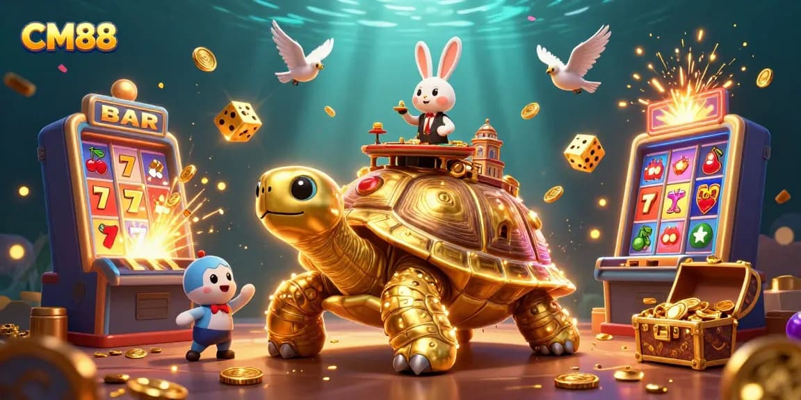 Engage in thrilling gameplay at CM88 with a vibrant casino scene featuring a golden tortoise and more.