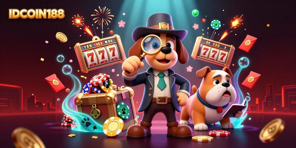 Uncover treasures at IDCOIN188 with a cartoon detective exploring golden poker chips and slot games