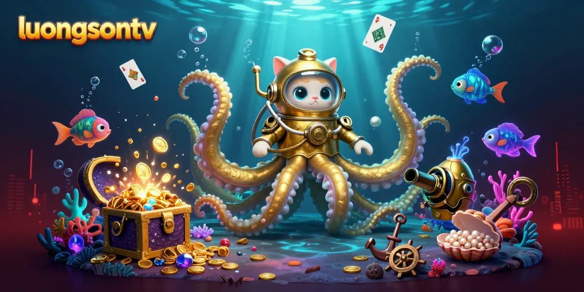 Experience thrilling gaming at luongsontv with a vibrant kraken and diving cat in an underwater treasure scene.