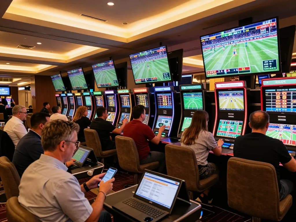 oddy bettors analyzing odds while placing wagers in lively casino sports area