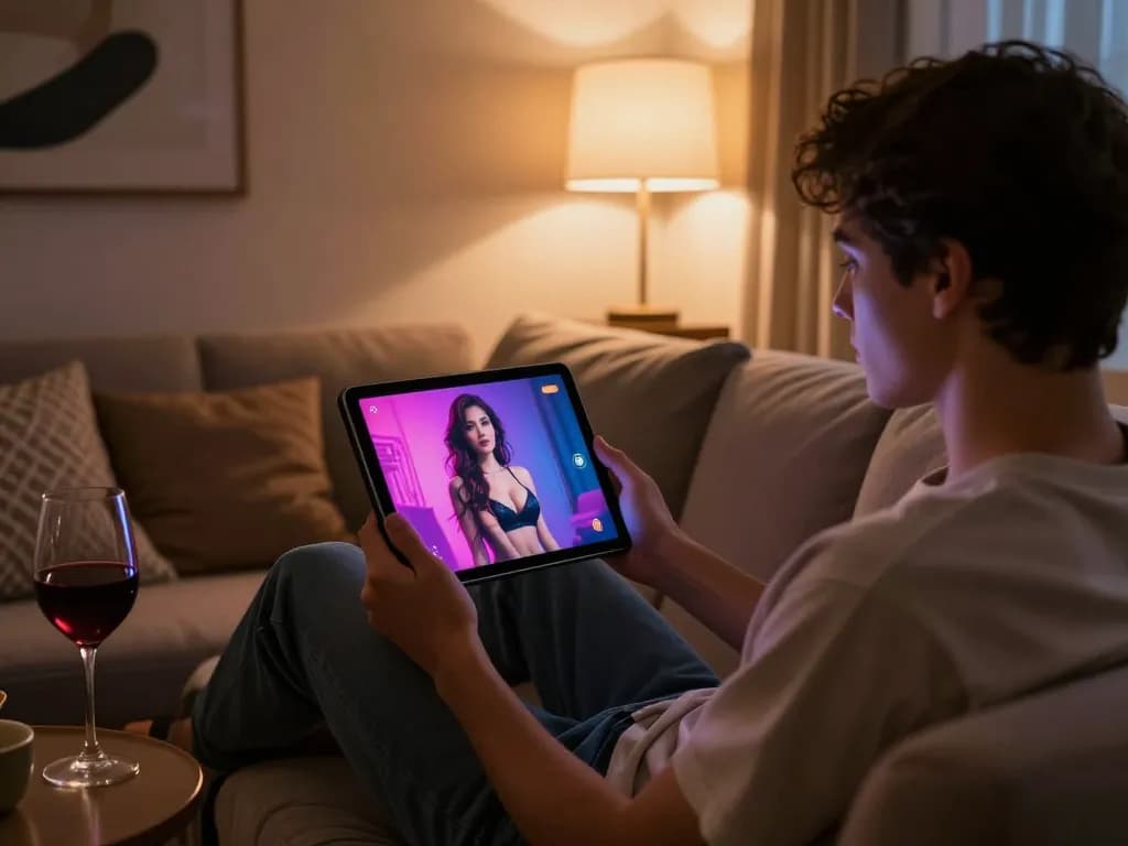 Engage in an AI porn chat with a virtual companion while relaxing in a cozy room.