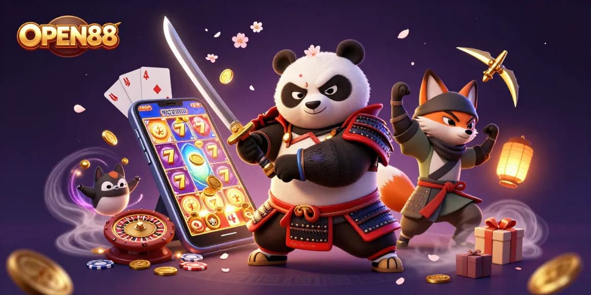 Experience thrilling gameplay with OPEN88, featuring a samurai panda, ninja fox, and magical tanuki amidst vibrant casino elements.