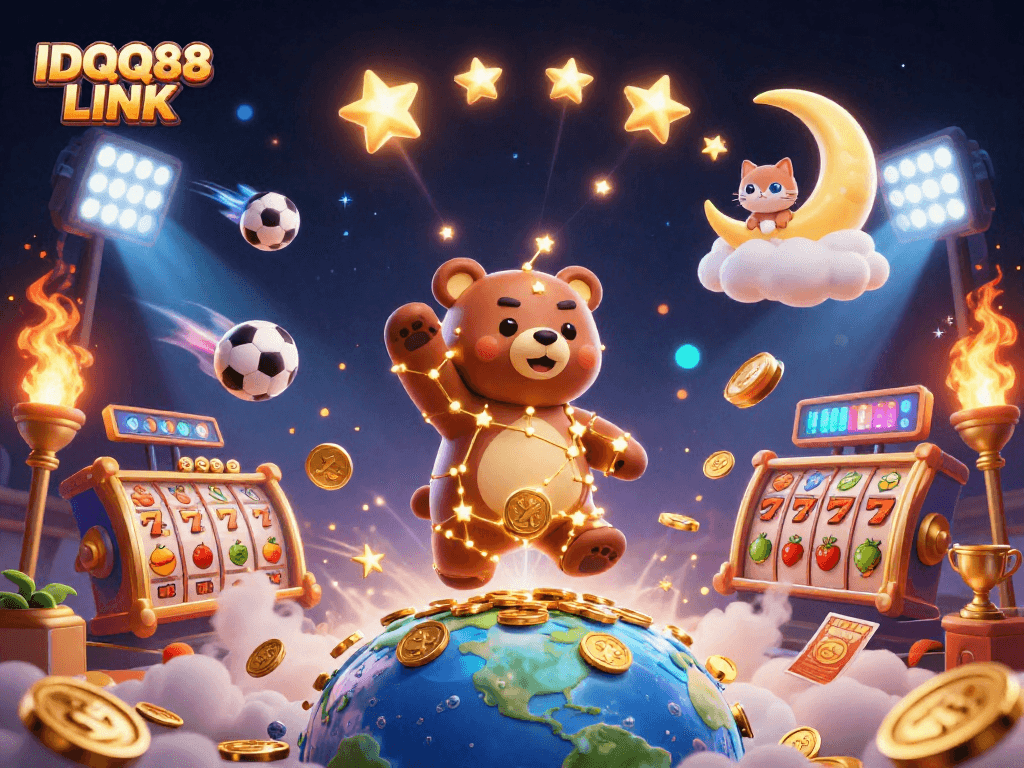 Experience thrilling gaming with IDQQ88 LINK as a constellation bear and lucky symbols emerge in a vibrant casino scene.