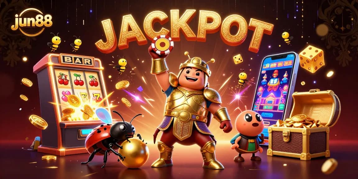 Experience the exciting world of jun88 with a beetle champion and casino elements illustrating the thrill of winning.