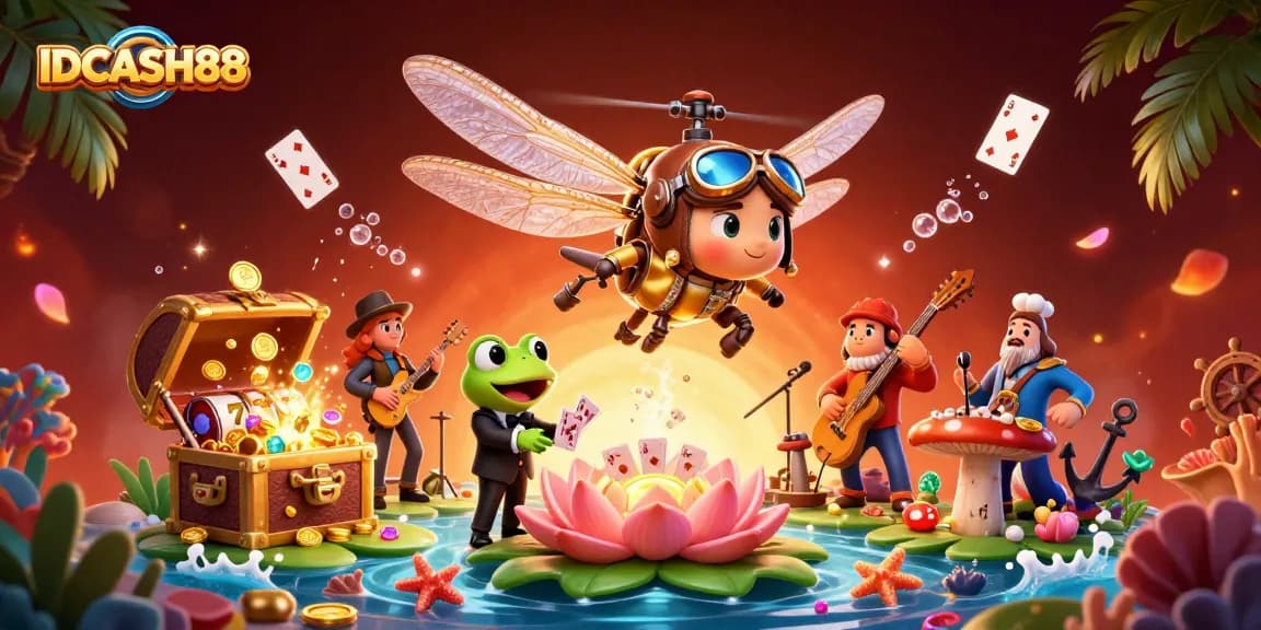 Join the excitement at IDCASH88, where a dragonfly pilot and frog croupier offer thrilling slot action!