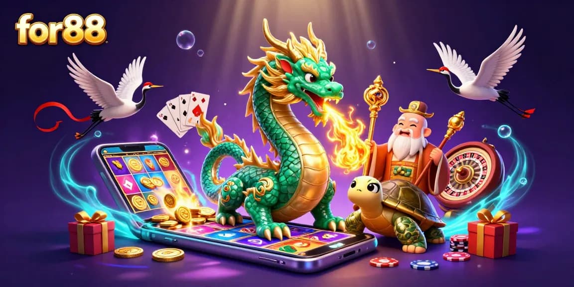 Spin and win with for88 in this vibrant 3D casino scene featuring a glowing dragon!