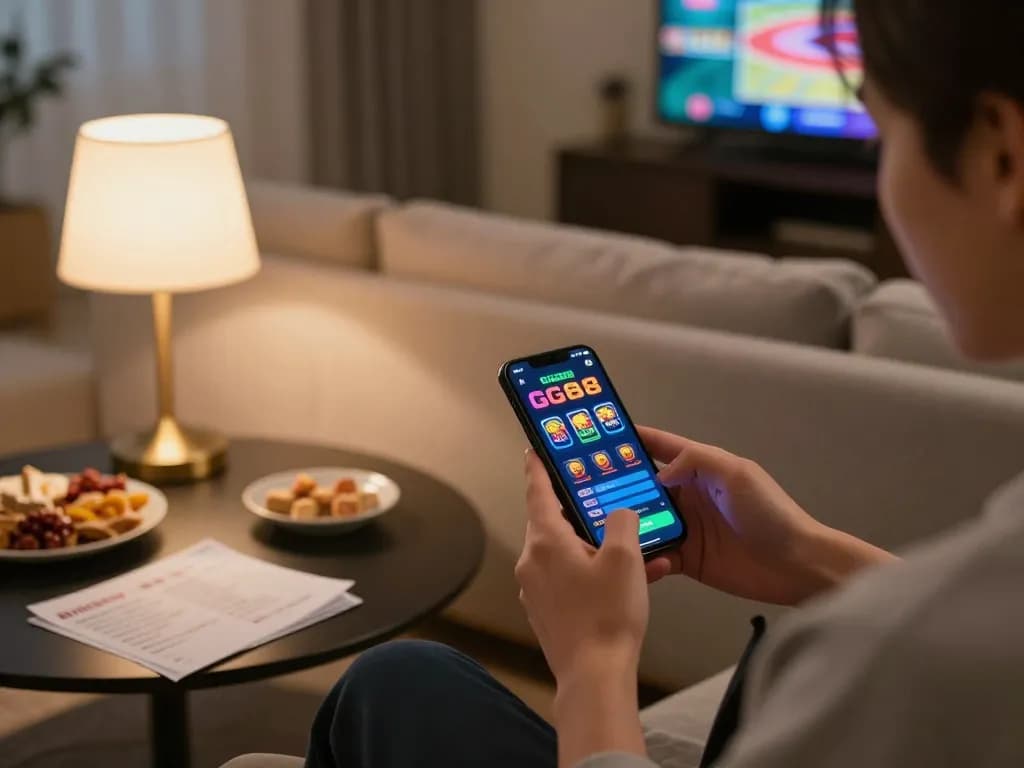 Enjoying online casino gaming on GG88 app from a cozy home setting with vibrant decor