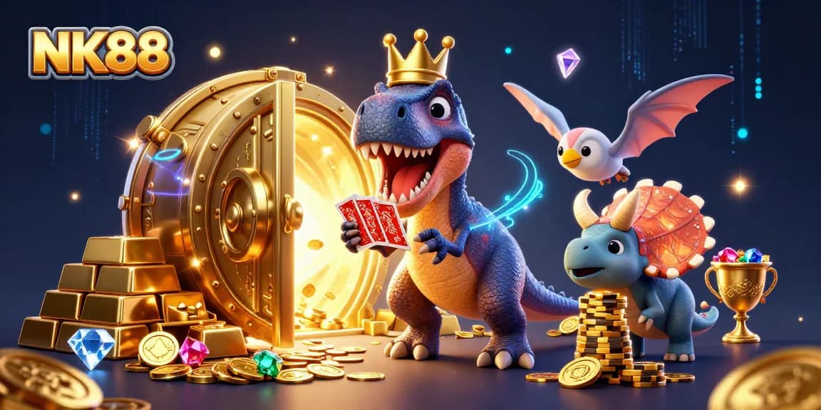 NK88 engages in thrilling card games with a T-Rex shuffling cards amidst treasure.