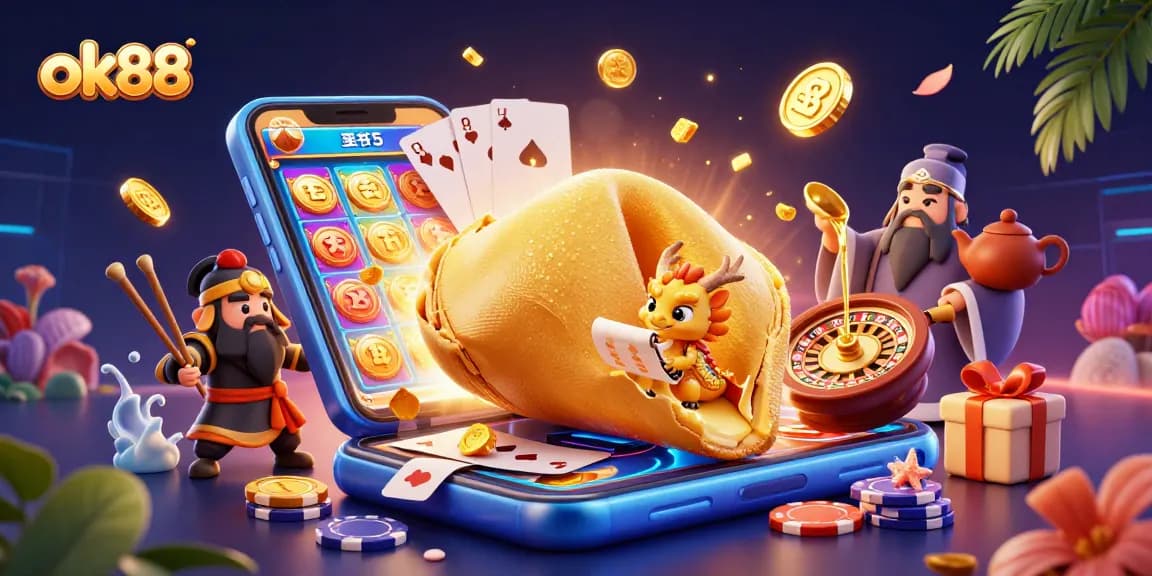 Experience exciting gameplay with ok88, featuring golden fortune cookie characters and dynamic casino elements.