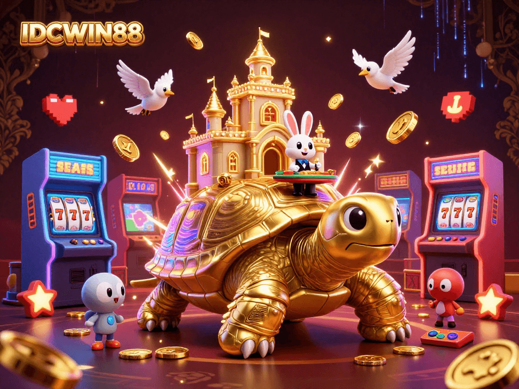 Experience the excitement of IDCWIN88 with a golden tortoise casino scene filled with playful characters!