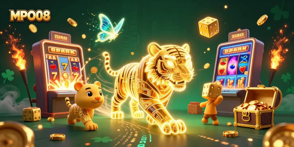 MPO08 offers vibrant casino excitement as a golden tiger navigates a jackpot explosion in a digital landscape.