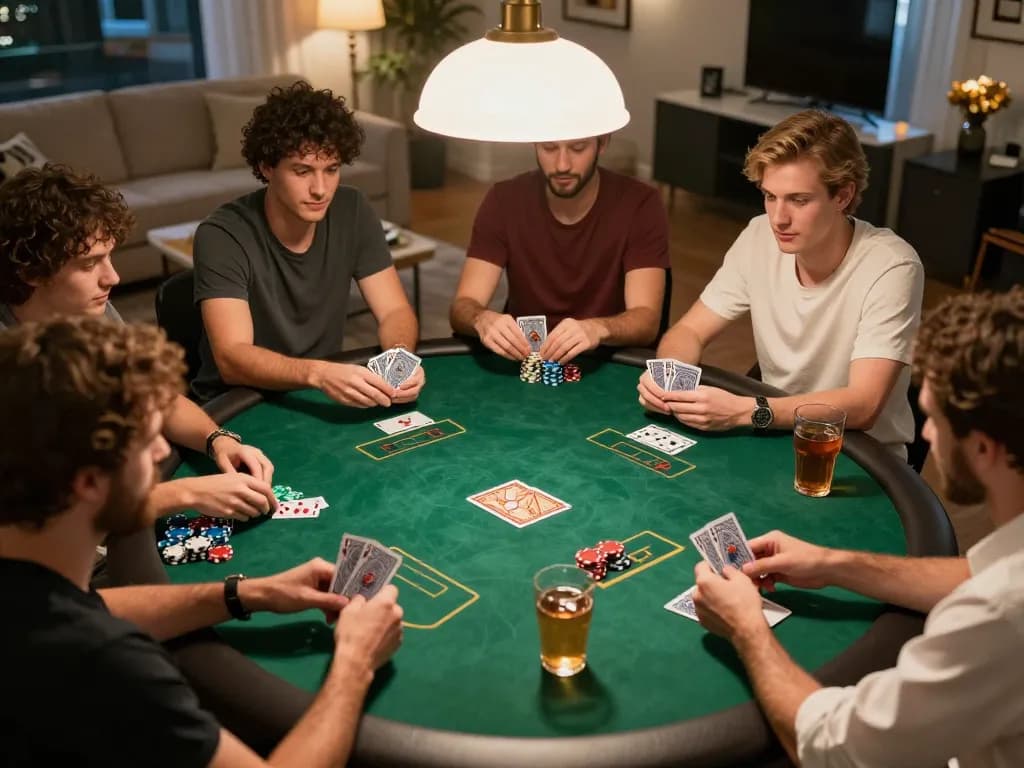 Engaged friends playing poker during a home game night, highlighting UG DEWA strategies.