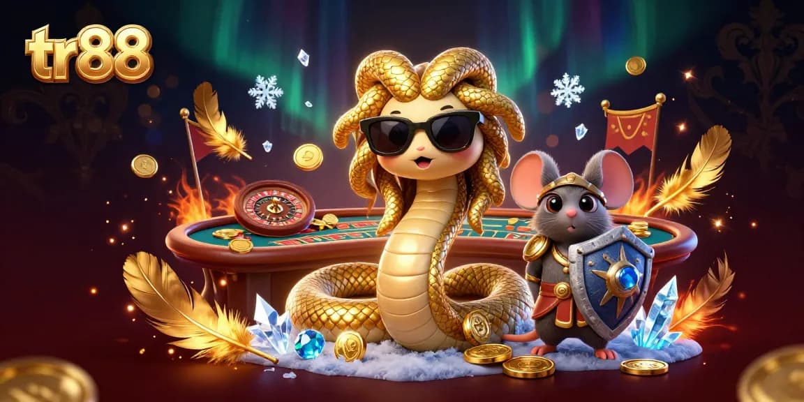 Join the fun at tr88 with Medusa and a warrior mouse as they celebrate thrilling casino games and golden wins!