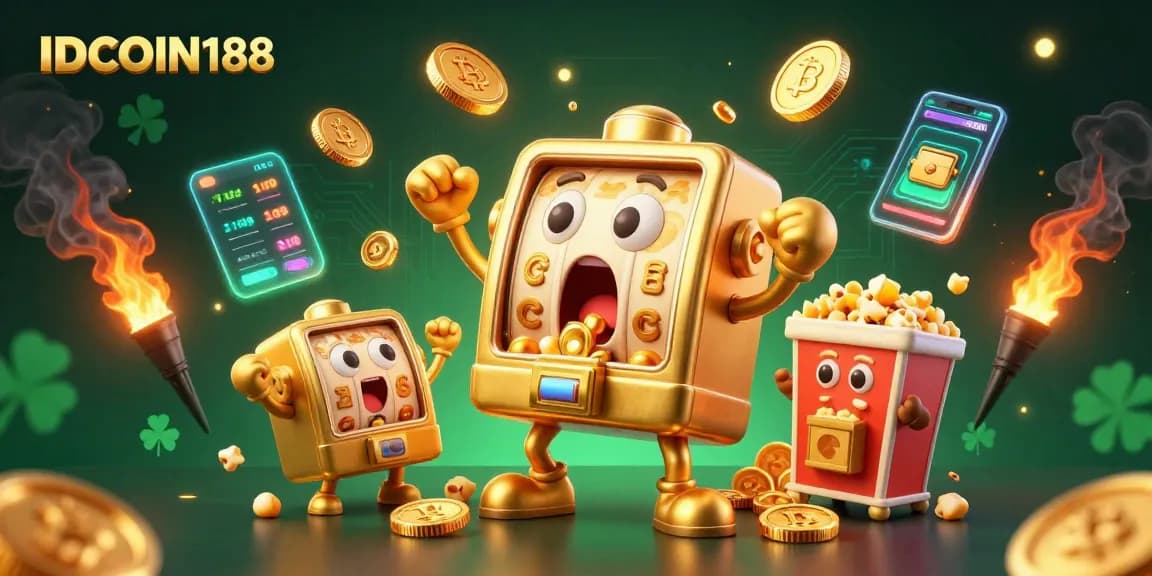 IDCOIN188 slots illustration showcasing a golden slot machine winning a jackpot, surrounded by cryptocurrencies.
