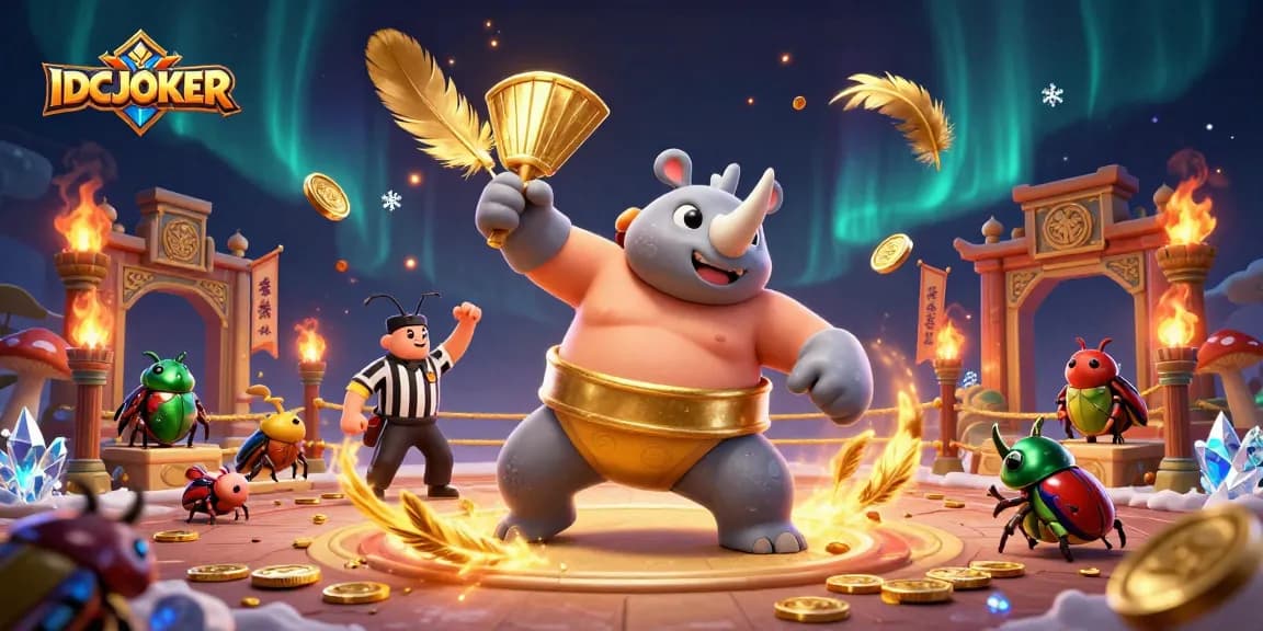 IDCJOKER casino illustration featuring a powerful rhinoceros beetle sumo champion surrounded by spectacular game elements.
