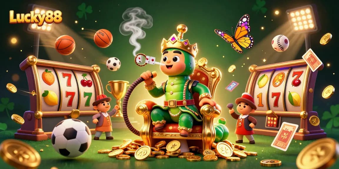 Experience Lucky88 thrills with a vibrant 3D casino scene featuring a caterpillar hookah-master and exciting game elements.