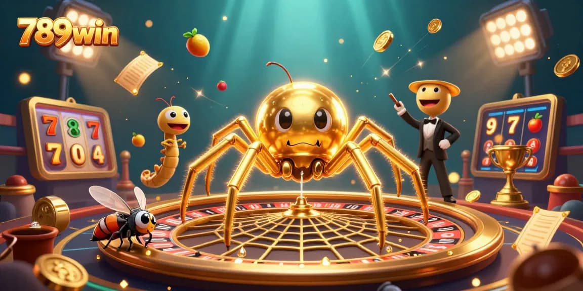A golden spider spins a roulette wheel at 789win, as the fly nervously bets in a vibrant casino scene.