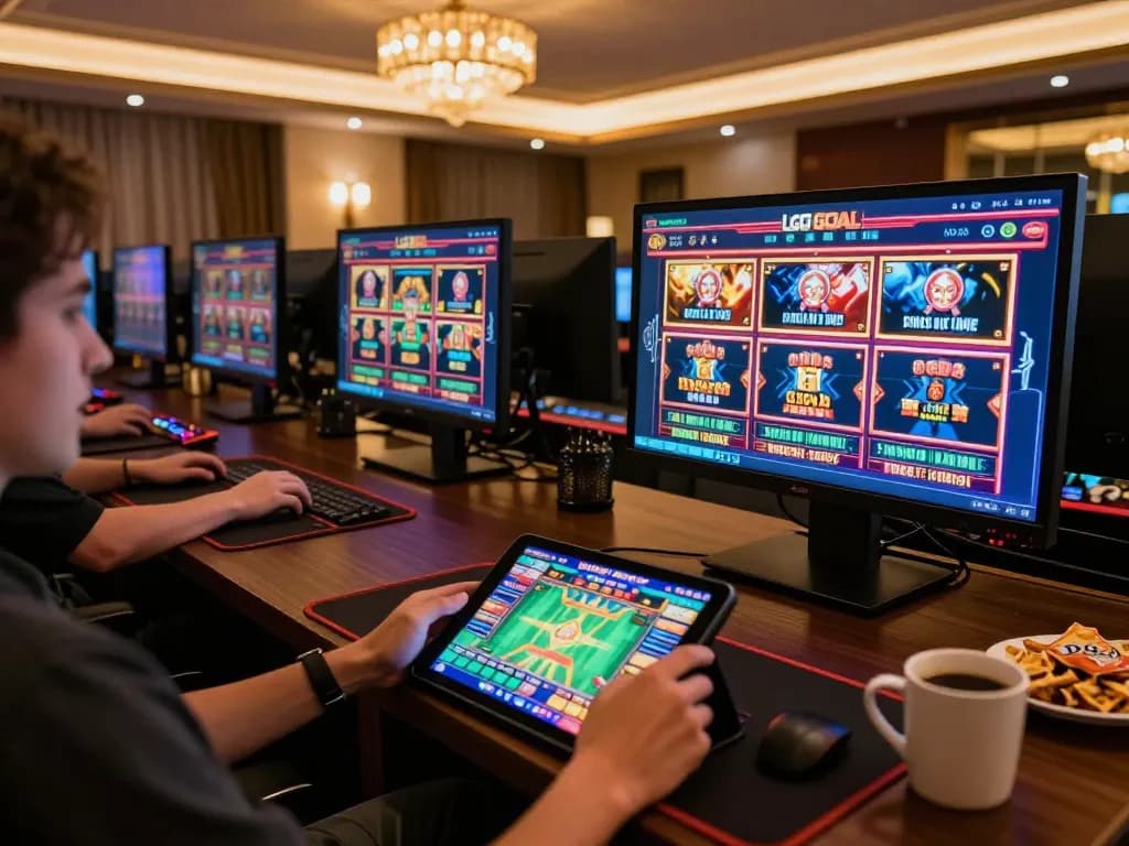 Playing on the LGO GOAL platform with vibrant slots and live games in an inviting setup
