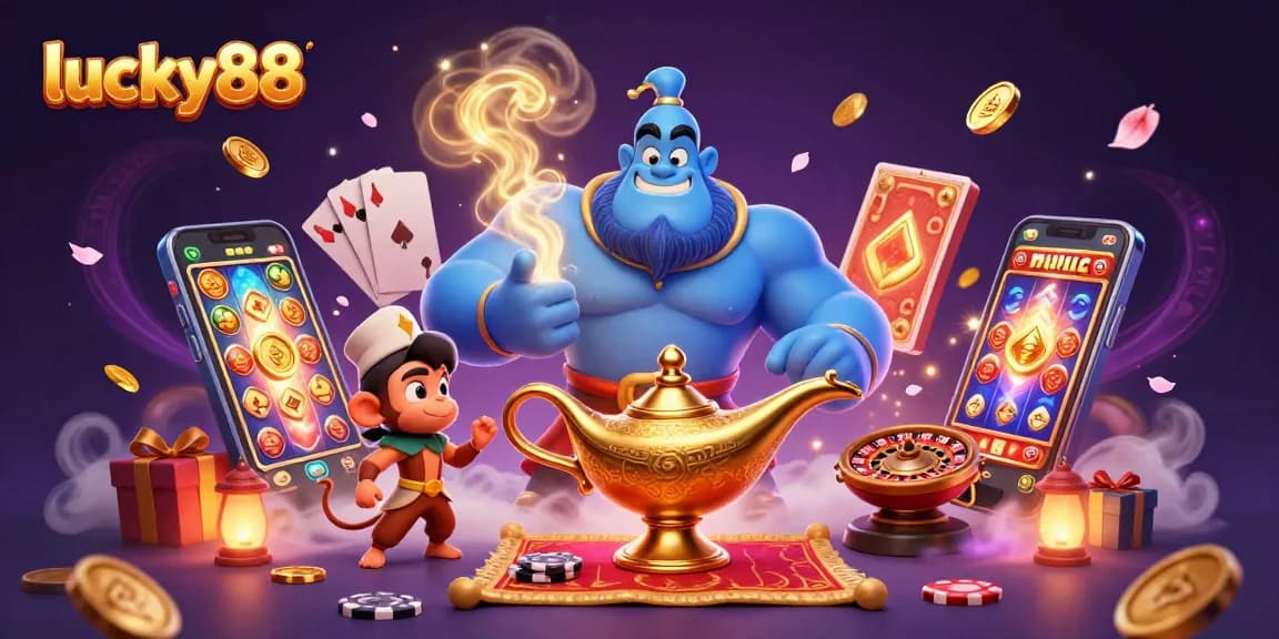 Experience luck and magic with lucky88 illustrated 3D scene featuring a genie, poker chips, and vibrant slot games.