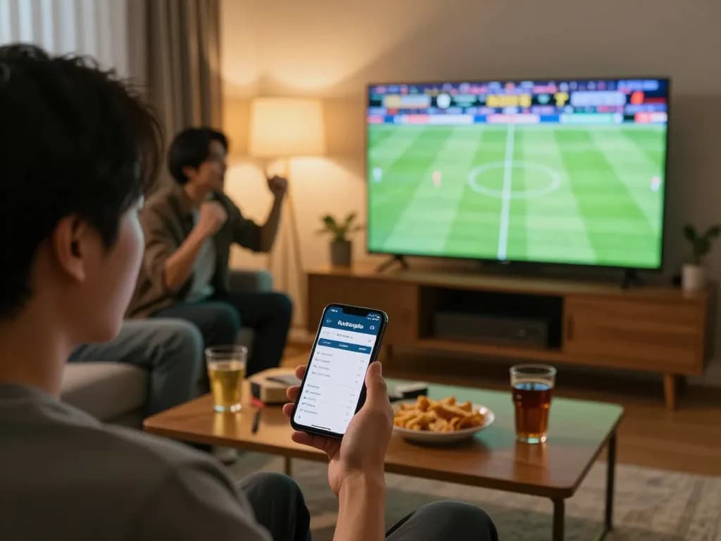 Engaged user interacts with the keobongda app for live sports betting during a crucial football match.
