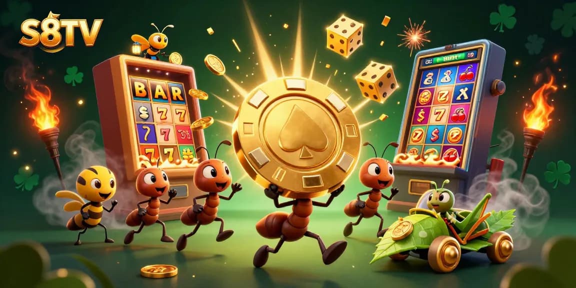 S8TV brings sports betting excitement to life with playful ant characters carrying a giant poker chip.