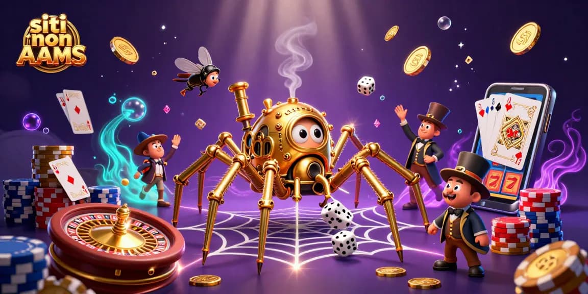 Scopri i siti non AAMS con un ragno steampunk e elementi di gioco in un'illustrazione unica.