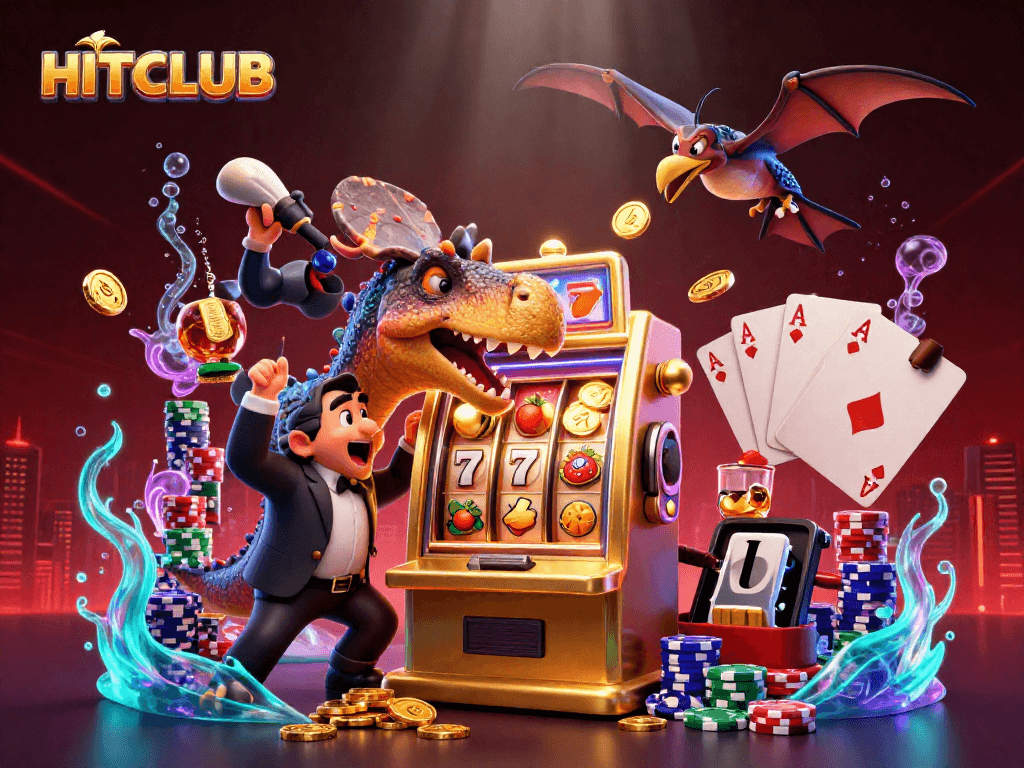HITCLUB slots action features a pachycephalosaurus jackpot scene with flying coins