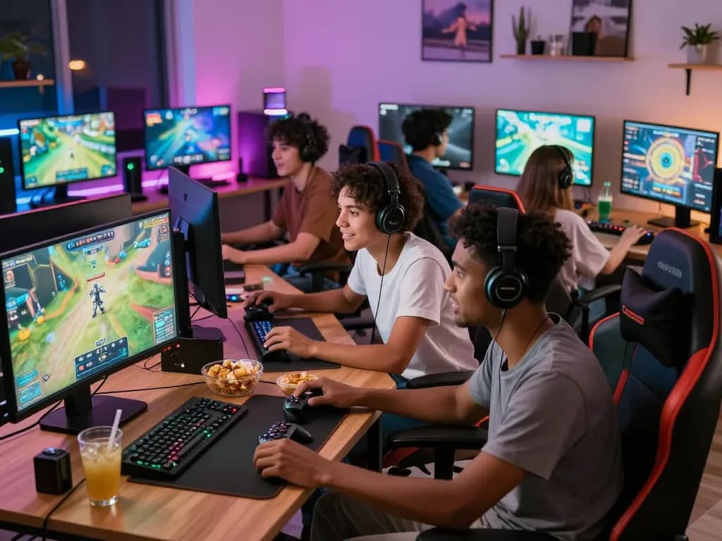 Engaged gamers enjoying Autowin88 online gaming experience in a lively living room setting.