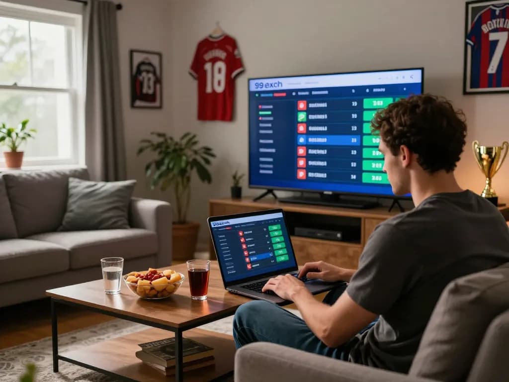Enthusiast exploring the 99exch betting site in a cozy sports-themed living room, showcasing live betting excitement and user engagement.
