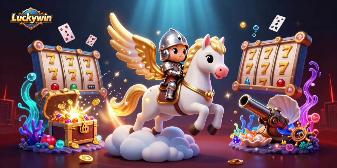 Experience a thrilling Luckywin adventure featuring a celestial horse, knight, and slot elements amidst vibrant casino action.