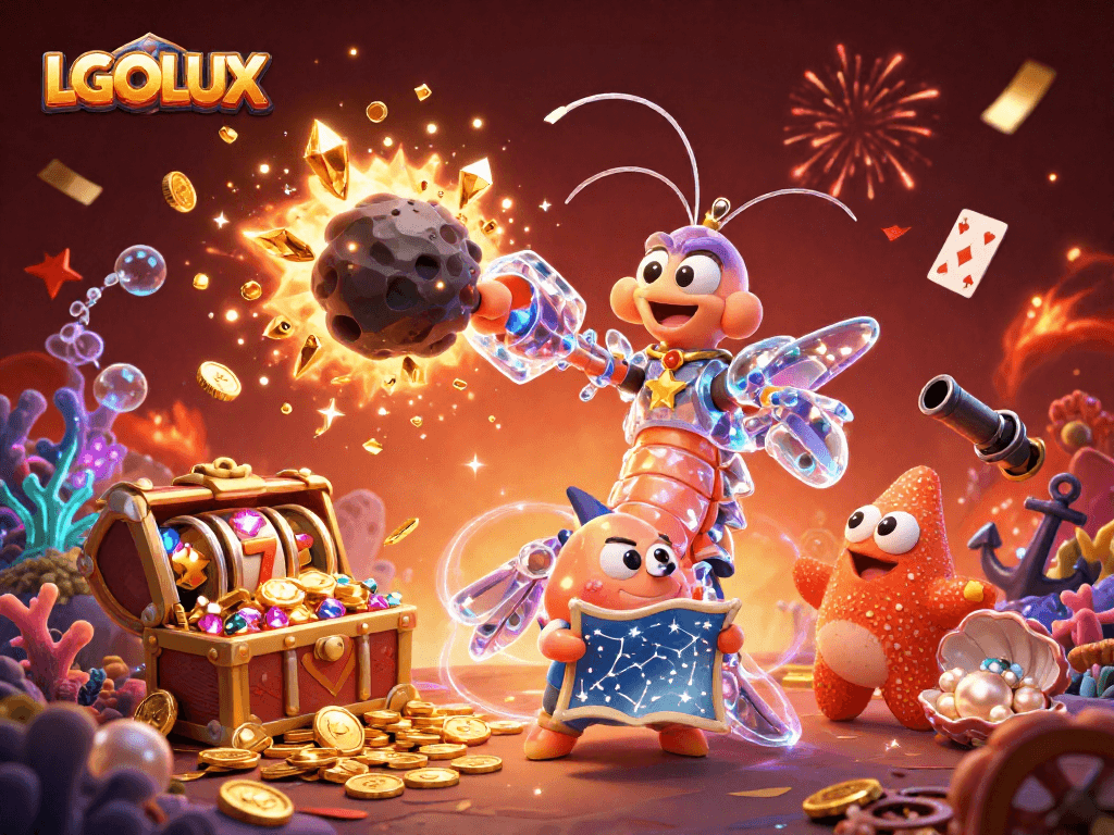 Spin into excitement with LGOLUX featuring a vibrant galactic samurai shrimp amidst casino treasures.