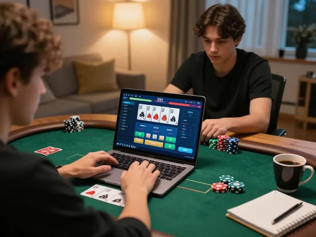 Player engaged in an exciting poker game on 789bet on a laptop, showcasing strategic gameplay.