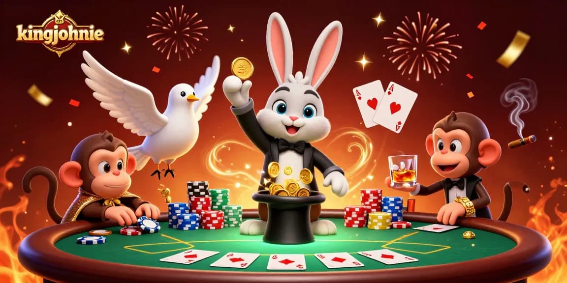 kingjohnnie showcases a vibrant casino scene with a magician rabbit, dove, and monkey