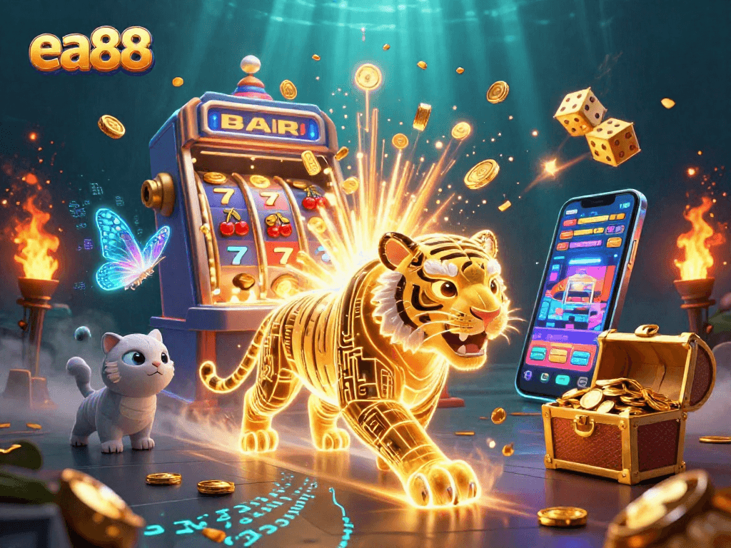 ea88 showcases thrilling gaming with a neon-wireframe tiger amidst a vibrant casino jackpot scene.