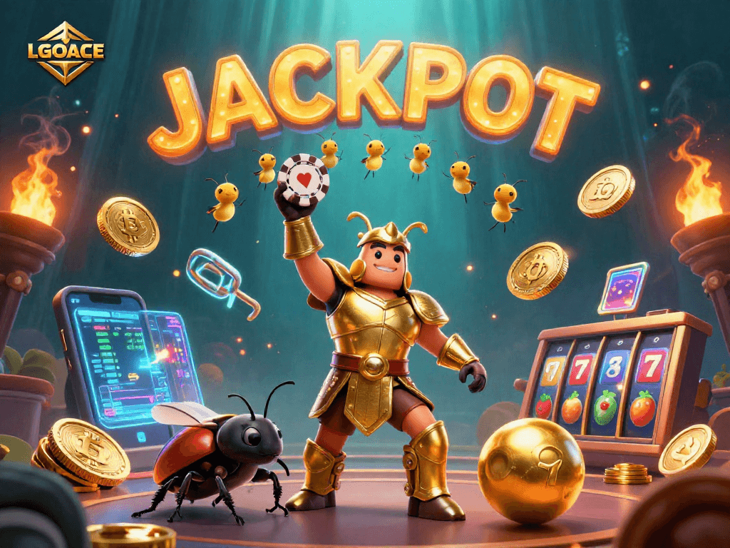 LGOACE-themed illustration depicting a victorious hercules beetle lifting a poker chip amidst vibrant casino elements and cryptocurrency details.