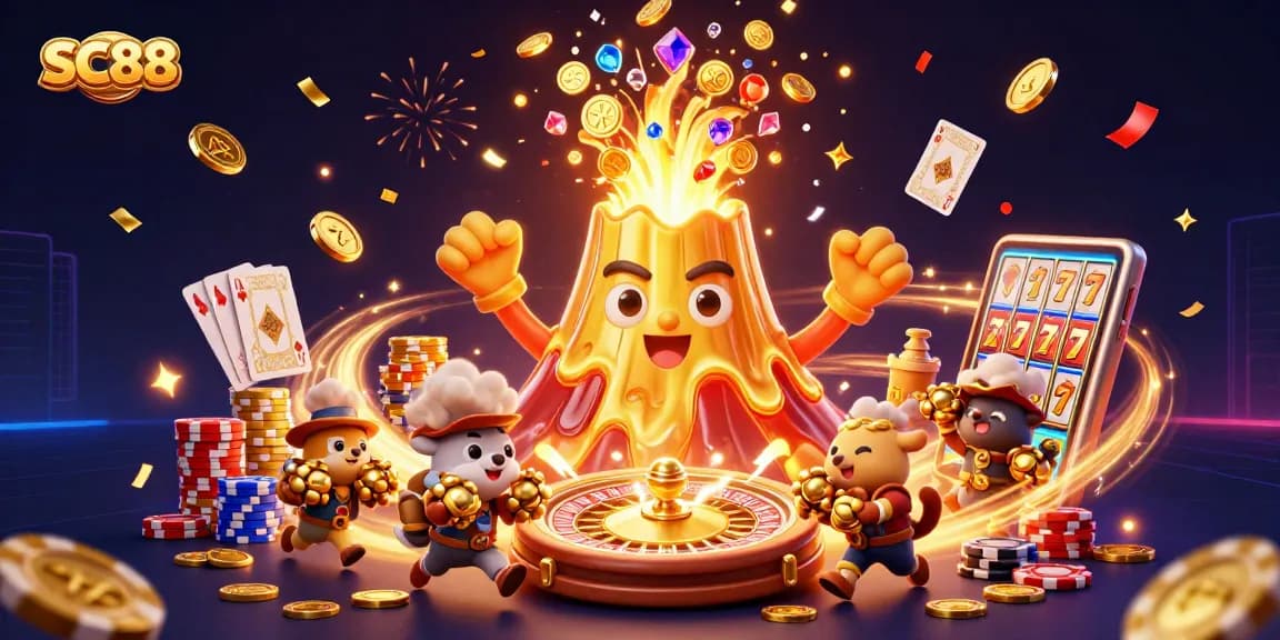 Play exciting games at SC88 with thrilling treasures, golden coins, and vibrant casino elements.