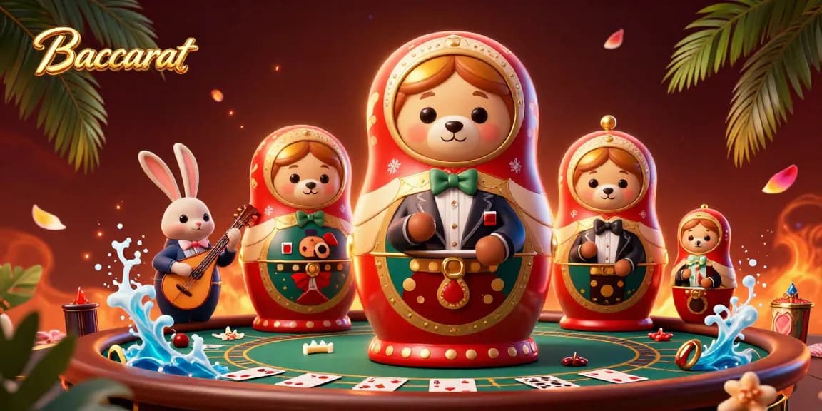 Baccarat gameplay scene with live dealer elements, cartoon bears, and vibrant casino atmosphere.