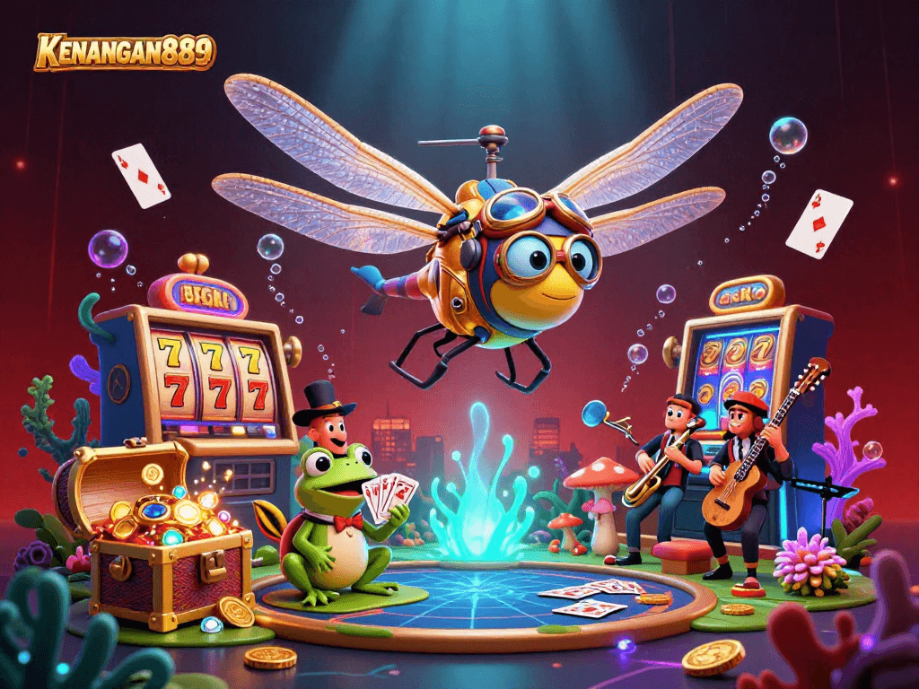 Play exciting slots at KENANGAN889 with vibrant characters amidst thrilling casino action.