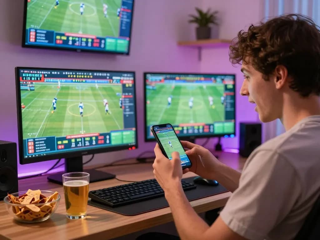 Engaged gambler using bong99 app to place live sports bets on smartphone during thrilling match