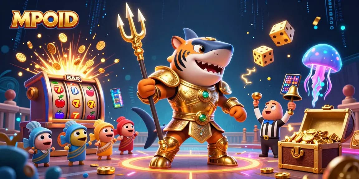 MPOID showcases thrilling 3D cartoon tiger shark in an underwater colosseum, highlighting jackpot excitement.