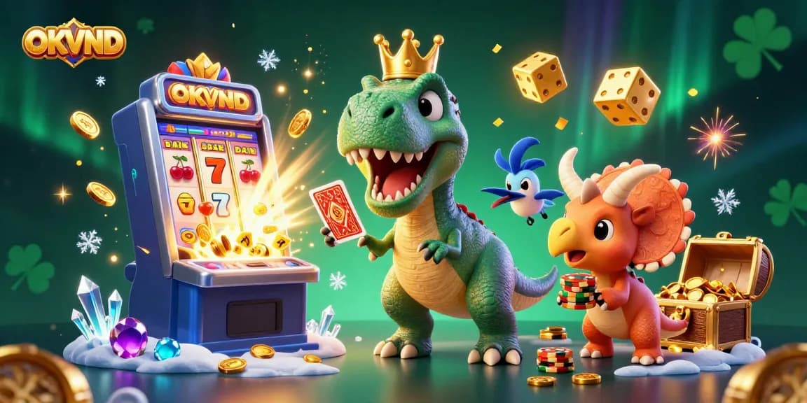 Join the excitement at OKVND, where the T-Rex tries to shuffle cards in a vibrant casino scene.